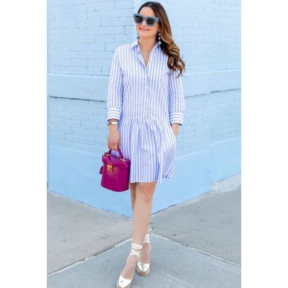 Tuckernuck The Shirt by Rochelle Behrens L Drop Waist Shirt Dress Striped Blue - Picture 1 of 16